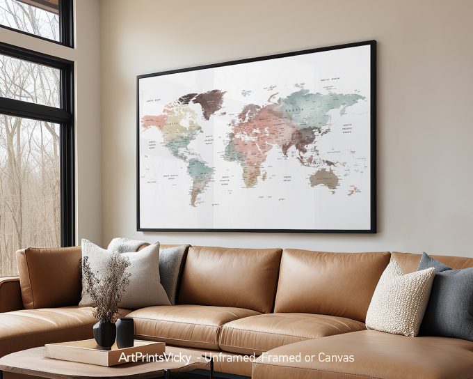 World map artwork in pastel colors displayed in a modern living room setting.