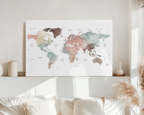 World map artwork in pastel colors displayed on a wall above a sofa.