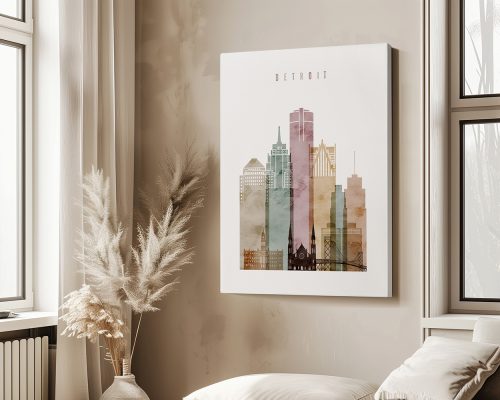 Artistic representation of the Detroit skyline with various buildings in soft colors on a canvas.