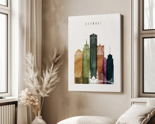 Artistic representation of the Detroit skyline featuring various buildings in muted colors.
