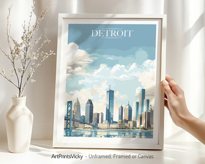 Art print of Detroit city skyline with clouds and water reflection in a framed display.