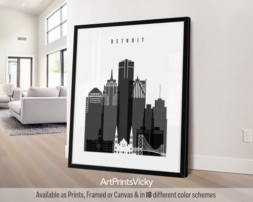 Black and white Detroit skyline art print by ArtPrintsVicky
