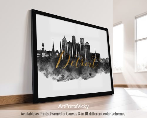 Black and white Detroit city print with faux gold "Detroit" title by ArtPrintsVicky