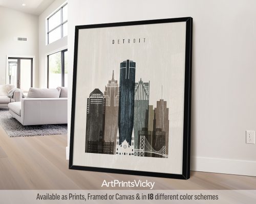 Distressed Detroit skyline art with a weathered, textured effect by ArtPrintsVicky