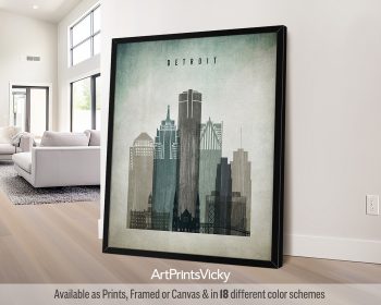 Framed artwork depicting a stylized cityscape of Detroit with skyscrapers and buildings.