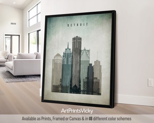 Heavily distressed Detroit city print with weathered textures and a vintage aesthetic by ArtPrintsVicky
