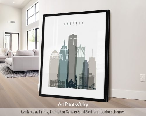 Detroit minimalist city print in cool Earth Tones 4 style. Features industrial landmarks and hints of artistic expression by ArtPrintsVicky