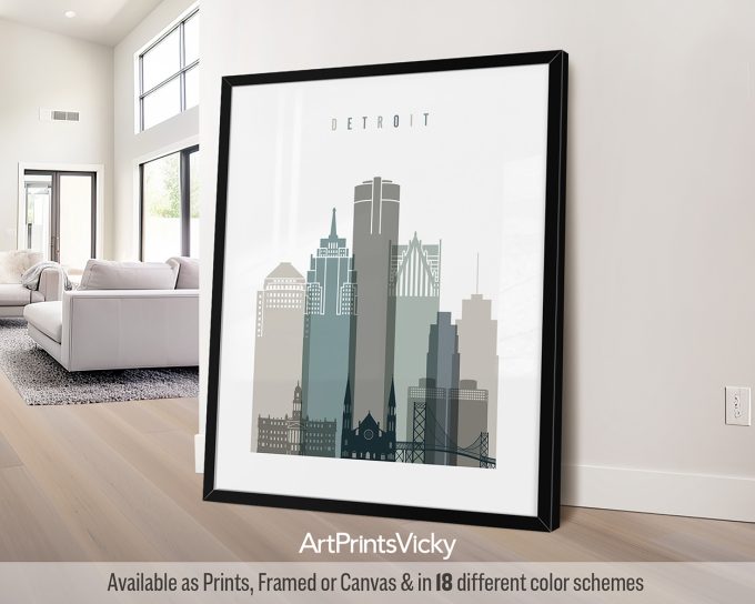 Art print of a cityscape featuring buildings in Detroit with a minimalist design.