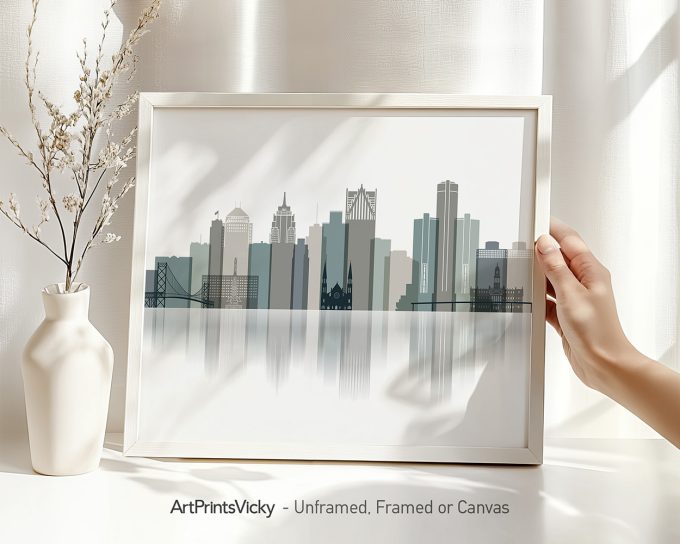 Minimalist illustration of the Detroit city skyline in muted colors displayed in a frame.