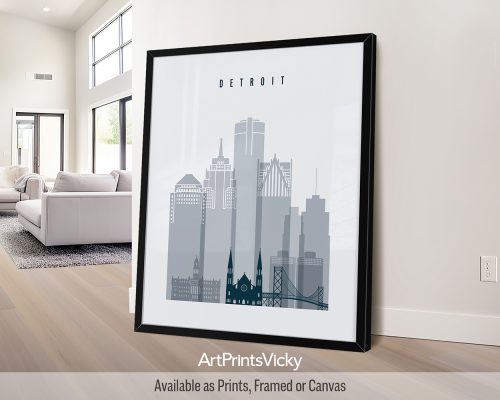 Detroit city poster in minimalist Grey Blue style by ArtPrintsVicky