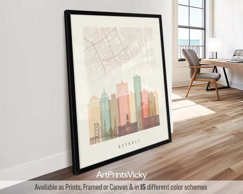 Detroit poster in warm "Pastel Cream" featuring a city map and classic skyline. Perfect for showcasing Detroit pride by ArtPrintsVicky.