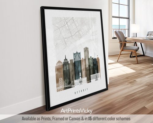 Detroit poster in earthy "Watercolor 2" featuring a city map and industrial skyline. Perfect for showcasing Detroit grit and determination by ArtPrintsVicky.