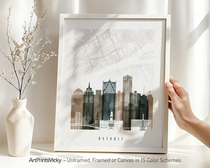 Framed map of Detroit featuring city skyline and street layout in a minimalist design.