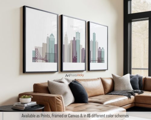 Detroit skyline triptych featuring the Renaissance Center, and other iconic landmarks in a cool Pastel 2 palette, divided into three prints. by ArtPrintsVicky.