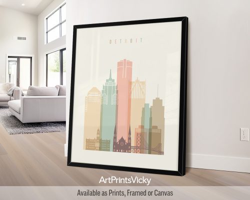 Detroit city skyline print in a warm Pastel Cream color theme by ArtPrintsVicky