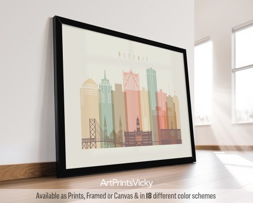 Detroit city skyline print rendered in a warm Pastel Cream palette with landscape orientation by ArtPrintsVicky