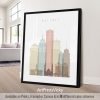 Art print of the Detroit city skyline featuring various buildings and landmarks in muted colors.