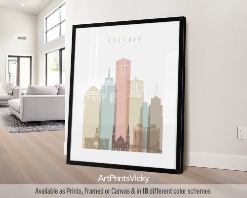 Pastel white Detroit city skyline poster featuring Renaissance Center by ArtPrintsVicky