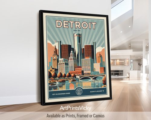 Detroit Poster Inspired by Retro Travel Art
