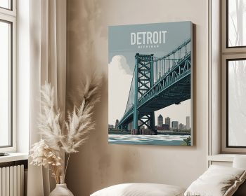 Art print of the Ambassador Bridge with the Detroit skyline in the background.