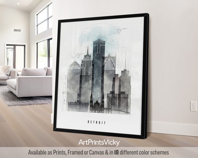 Art print of the Detroit city skyline featuring various buildings and structures in a minimalist style.