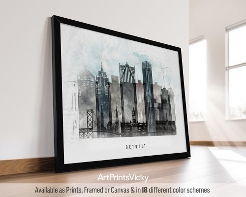 Detroit Cityscape Poster in Urban Watercolors by ArtPrintsVicky