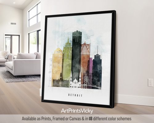 Detroit skyline featuring iconic landmarks in a bold, geometric Urban 2 style with vibrant colors, by ArtPrintsVicky.