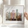 Art print of the Detroit city skyline featuring various buildings in muted colors.