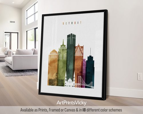 Detroit Skyline Watercolor Print | Motor City in Vivid Hues by ArtPrintsVicky