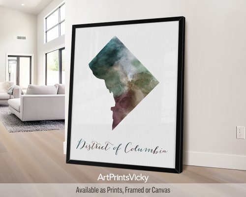 District of Columbia watercolor map poster with handwritten title by ArtPrintsVicky