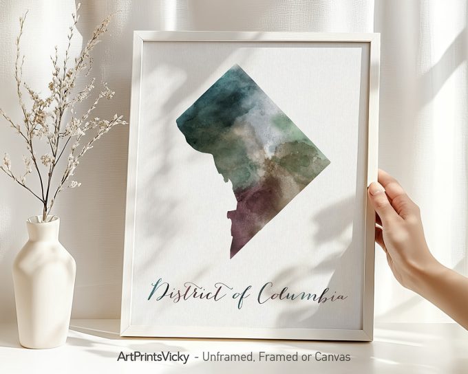 Art print featuring a watercolor silhouette of the District of Columbia with text below.