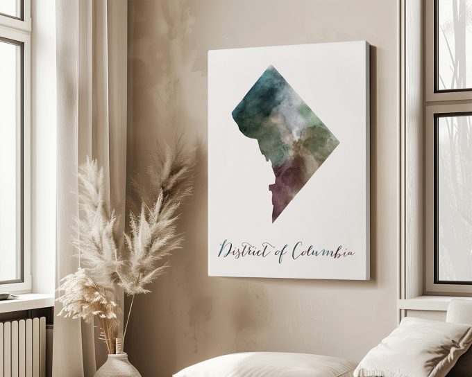 Artistic representation of the District of Columbia in a watercolor style with the text 'District of Columbia'.