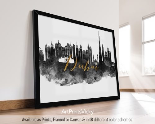 Black and white watercolor landscape print of the Dubai skyline with a faux gold title, by ArtPrintsVicky.