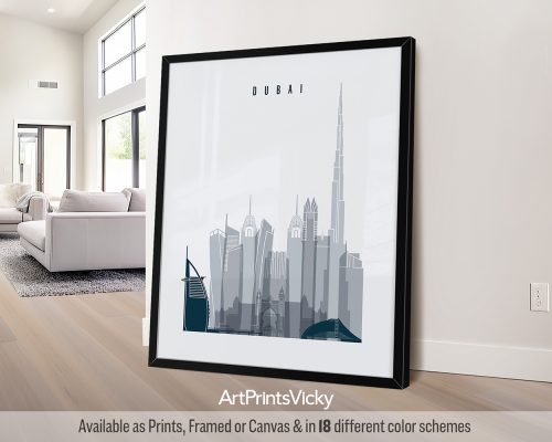 Dubai city poster in minimalist Grey Blue style by ArtPrintsVicky