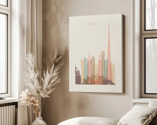 Stylized illustration of Dubai's skyline featuring various iconic buildings in pastel colors.