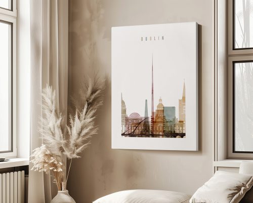 Artistic representation of Dublin's skyline featuring notable buildings and structures.