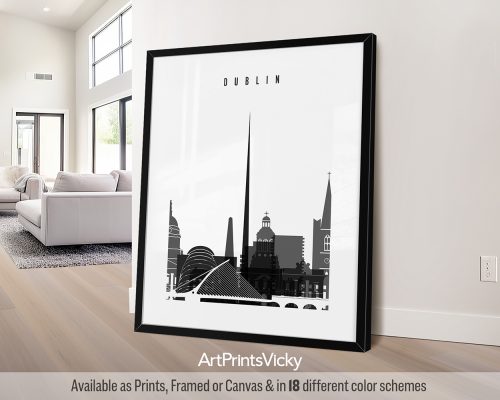 Black and white Dublin skyline art print by ArtPrintsVicky
