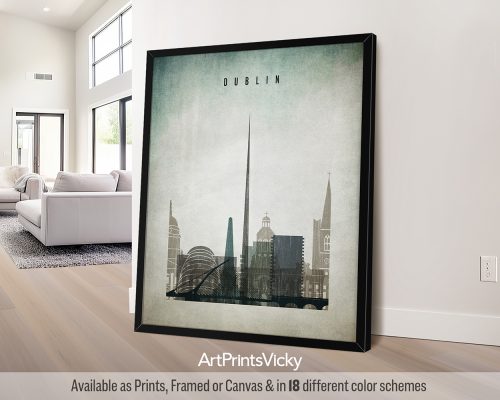 Heavily distressed Dublin skyline poster with a weathered, vintage aesthetic by ArtPrintsVicky.