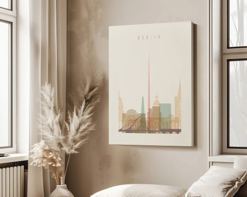 Art print of Dublin skyline featuring notable buildings and the Spire of Dublin.