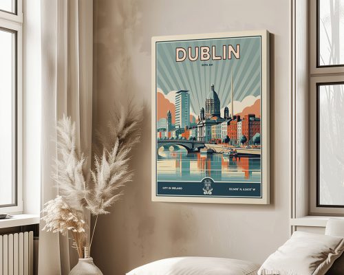 Retro art print of Dublin featuring a cityscape with a bridge and buildings in pastel colors.