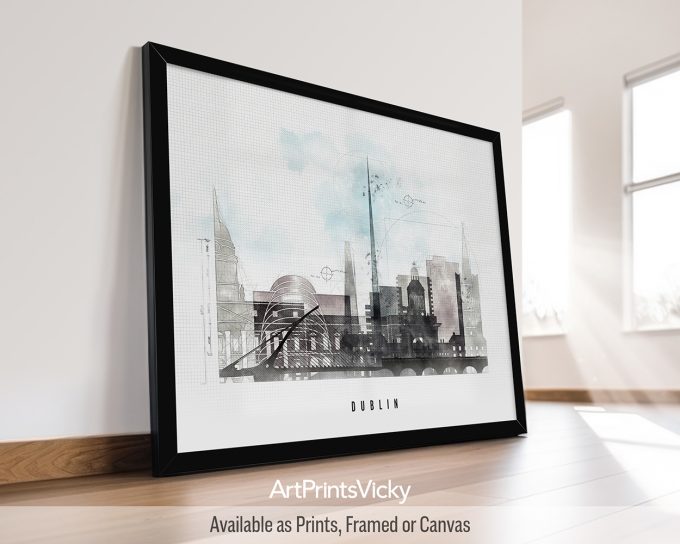Framed artwork depicting a stylized cityscape of Dublin with notable buildings and a light color palette.
