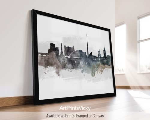 Watercolor art print of the Dublin cityscape, featuring iconic landmarks and the River Liffey by ArtPrintsVicky