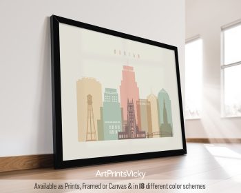 Framed print of a stylized cityscape of Durham with various buildings and a bridge.