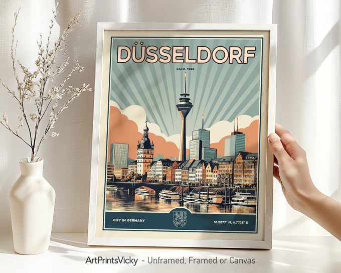 Retro-style print of Düsseldorf featuring the skyline and prominent landmarks in a framed display.