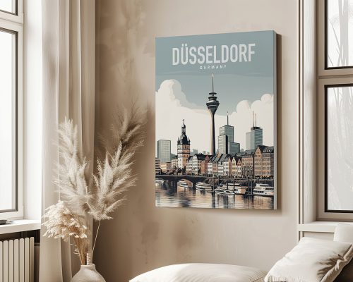 Art print of Düsseldorf, Germany featuring city skyline and river view.