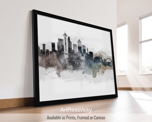 Watercolor art poster of the Seattle skyline, featuring iconic landmarks, and the Olympic Mountains by ArtPrintsVicky.