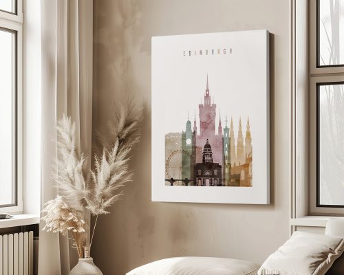 Art print featuring a stylized cityscape of Edinburgh with notable buildings and landmarks.