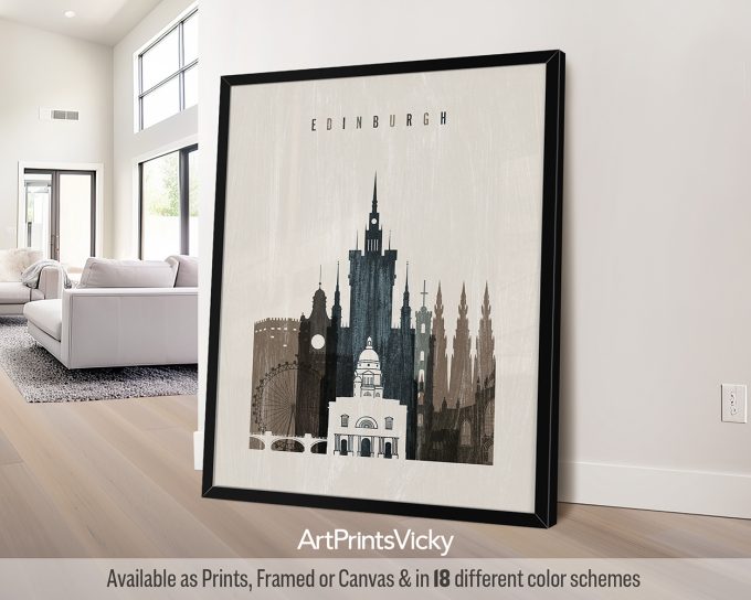 Framed artwork depicting a stylized cityscape of Edinburgh with notable buildings.