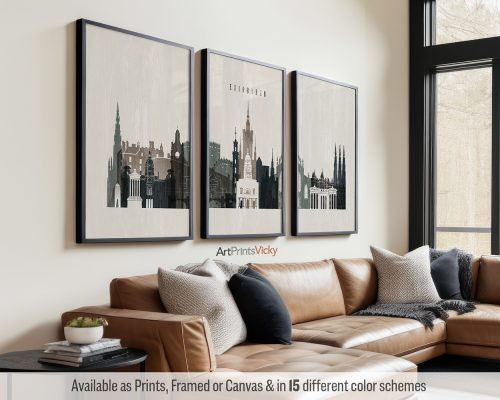 Edinburgh skyline triptych featuring Edinburgh Castle, the Royal Mile, and other iconic landmarks in a textured and vintage Distressed 2 style, divided into three prints. by ArtPrintsVicky.