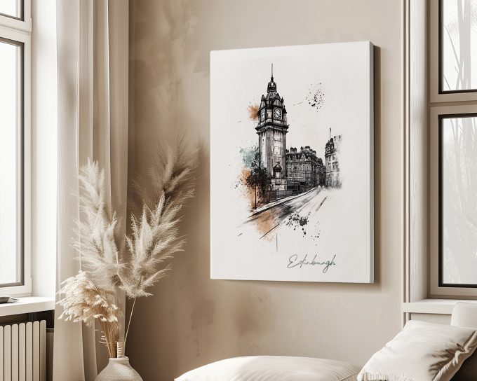 Art print of Edinburgh featuring a detailed illustration of a city building with splashes of color.